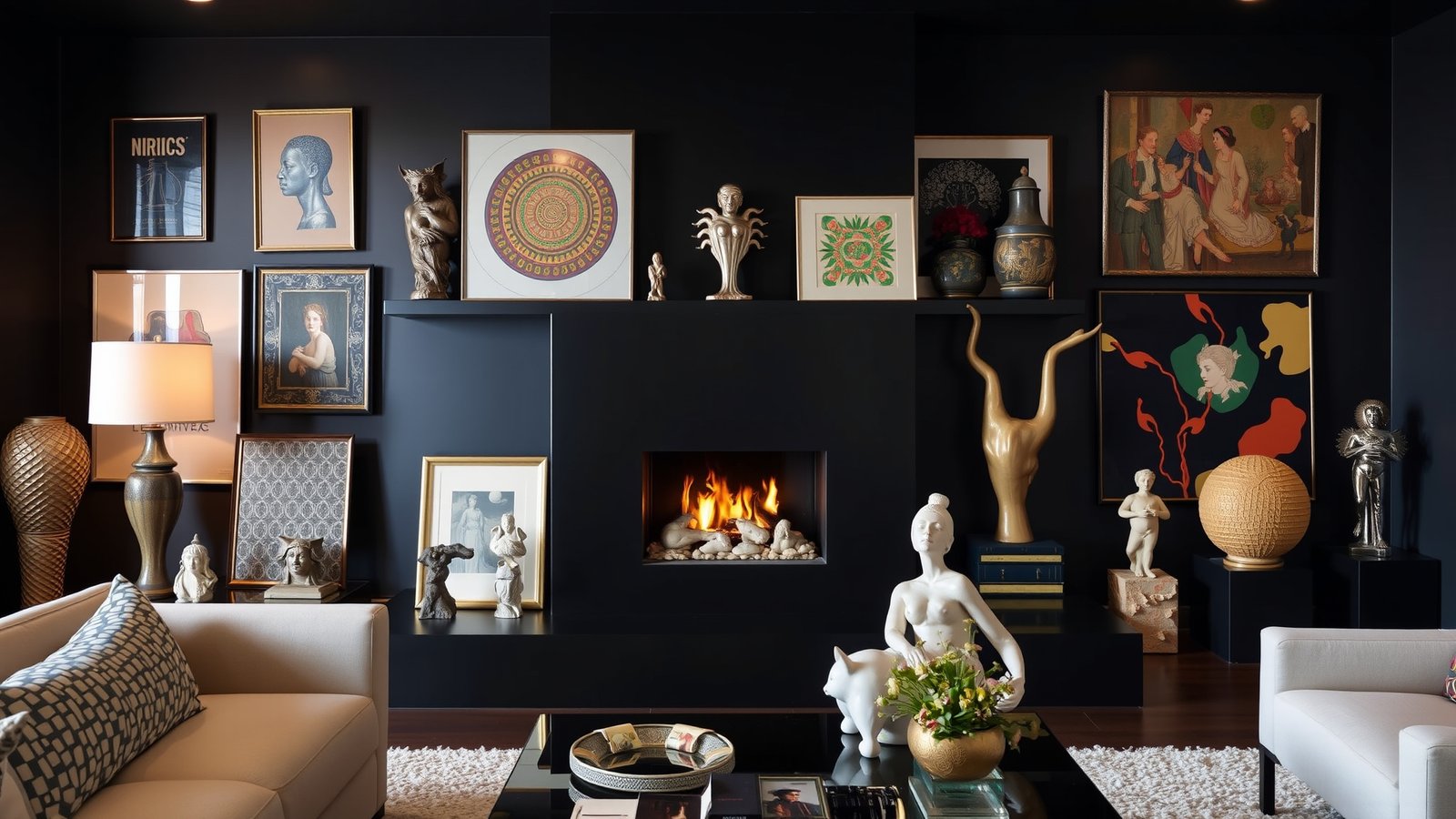10. Black Fireplace with Artistic Décor