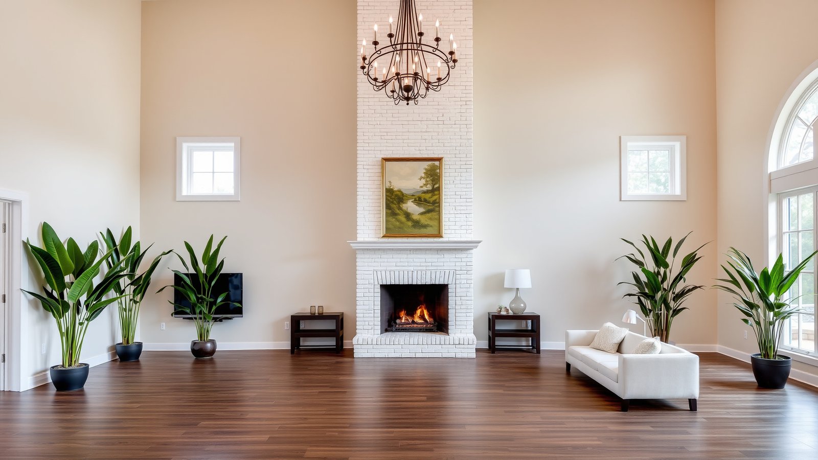 10. White Brick Fireplace with Floor-to-Ceiling Design