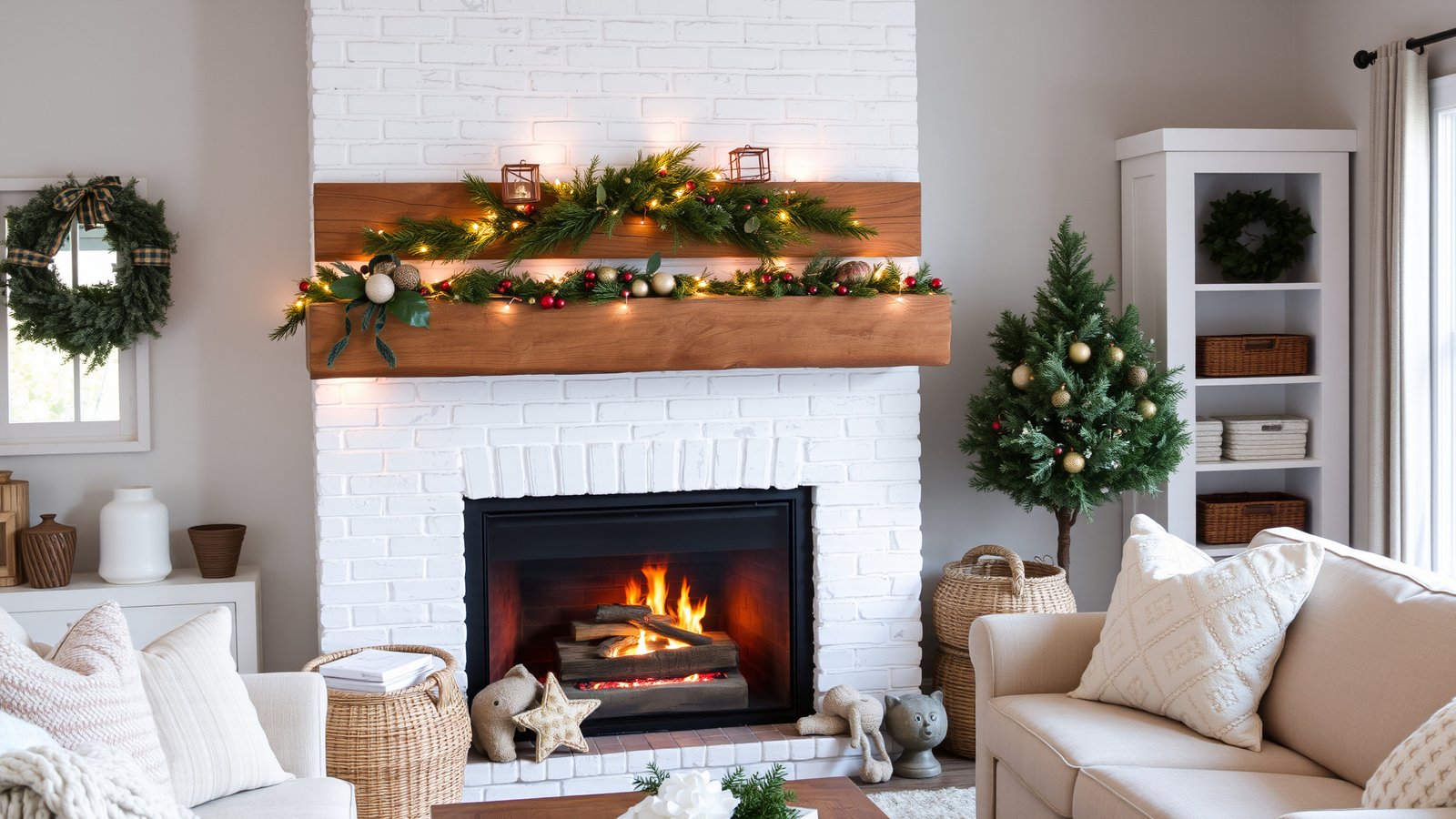 11. White Brick Fireplace with a Rustic Reclaimed Wood Beam