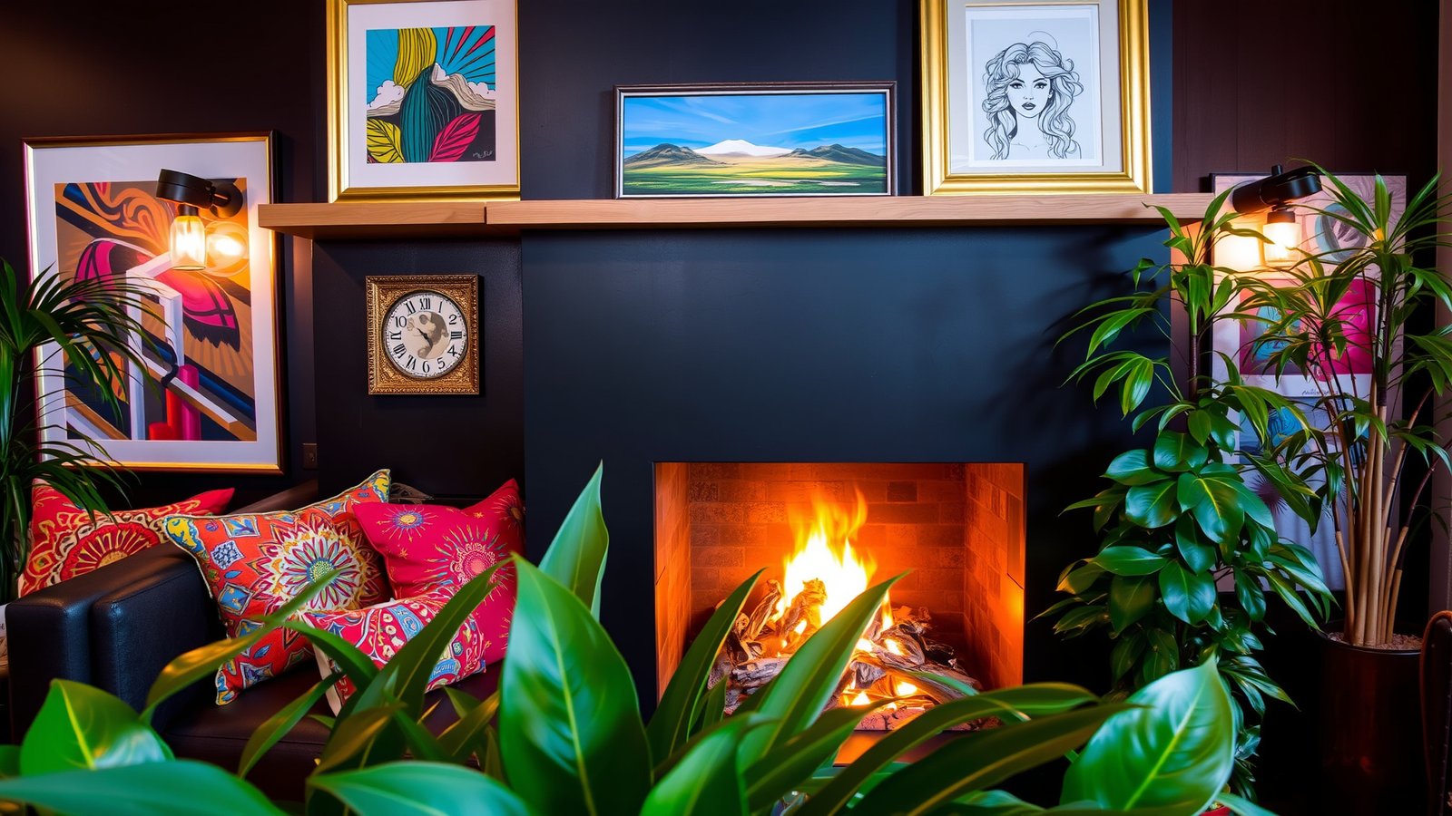 12. Black Fireplace with Colorful Accents