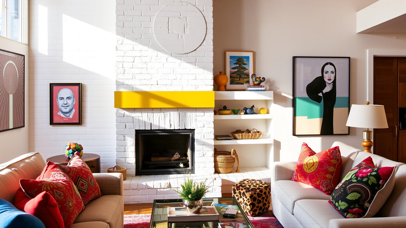 12. White Brick Fireplace with a Modern Twist