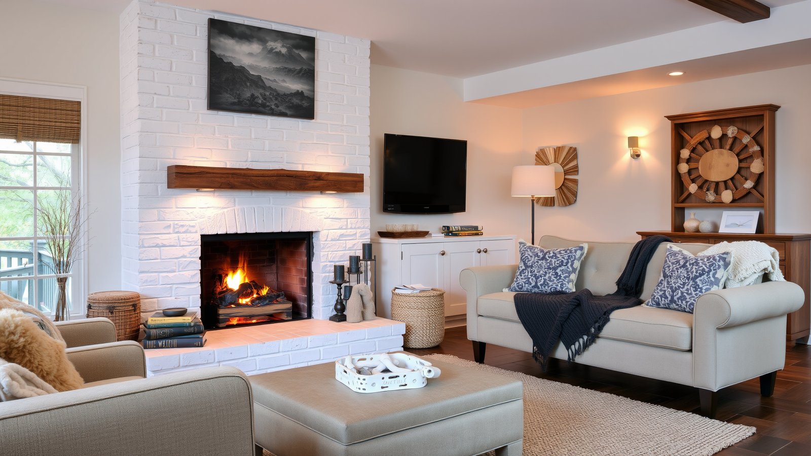 13. White Brick Fireplace with a Textured Finish