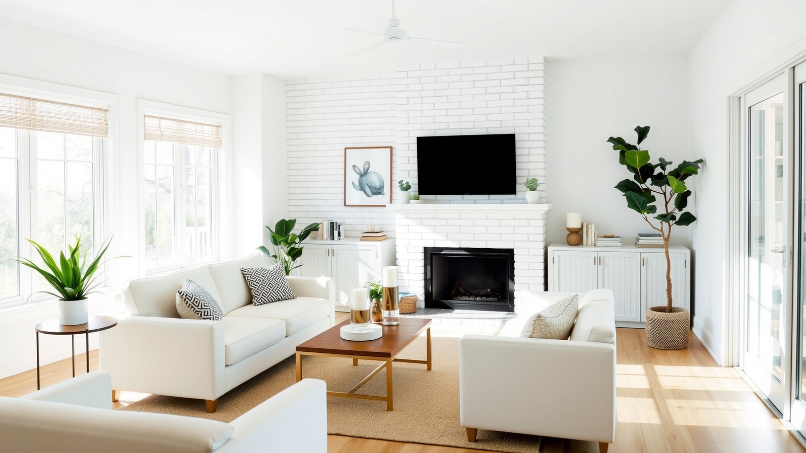 14. White Brick Fireplace with a Scandinavian Touch