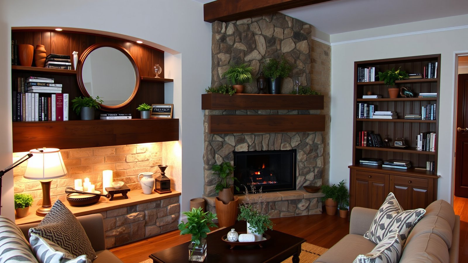 15. Farmhouse Fireplace with Built-In Shelves