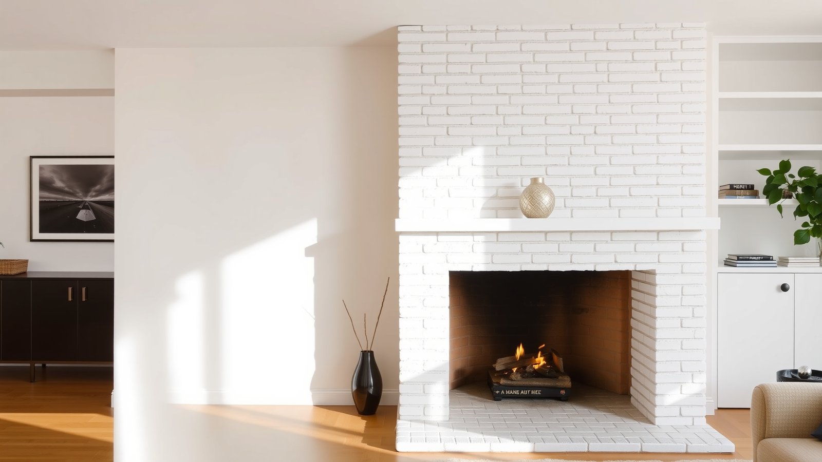 2. Modern Minimalist White Brick Fireplace