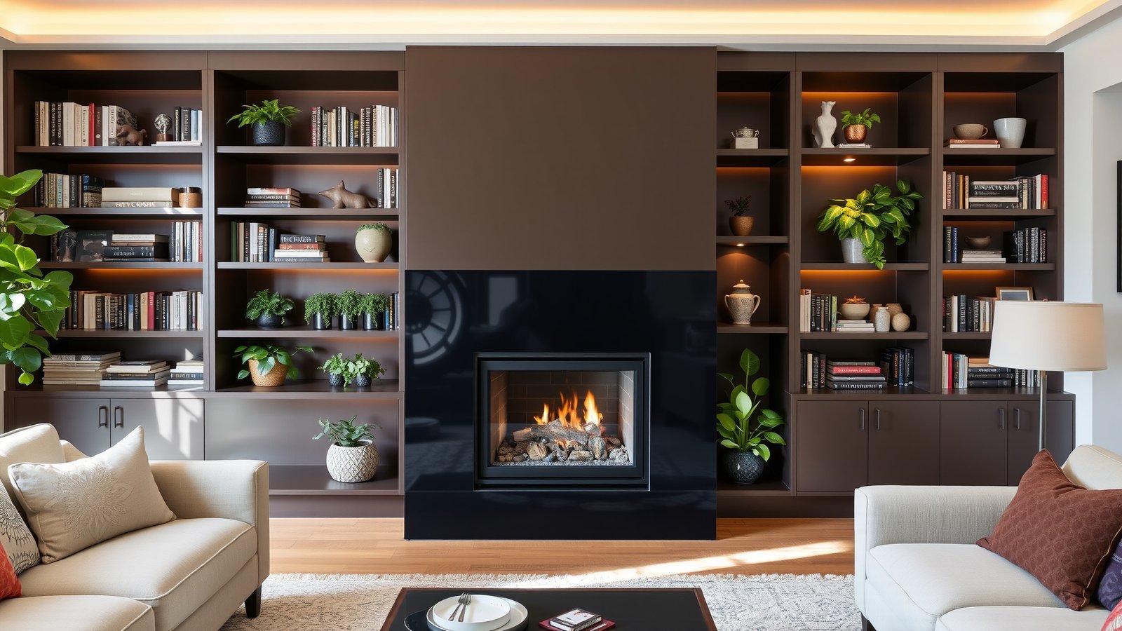 3. Black Fireplace with Built-In Shelving