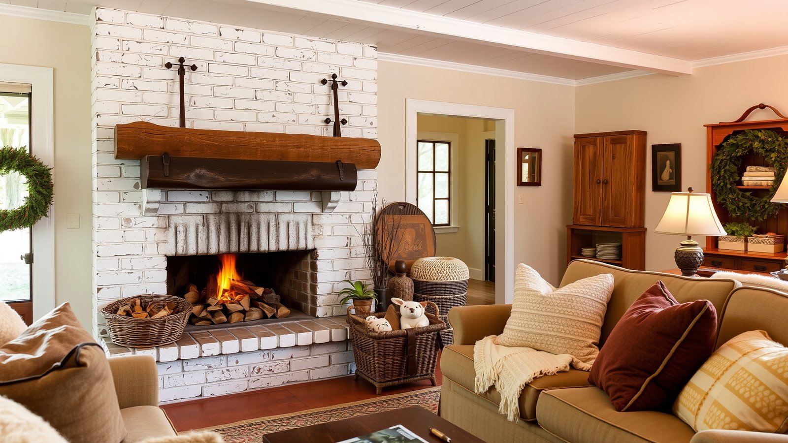 3. Rustic White Brick Fireplace with Reclaimed Wood