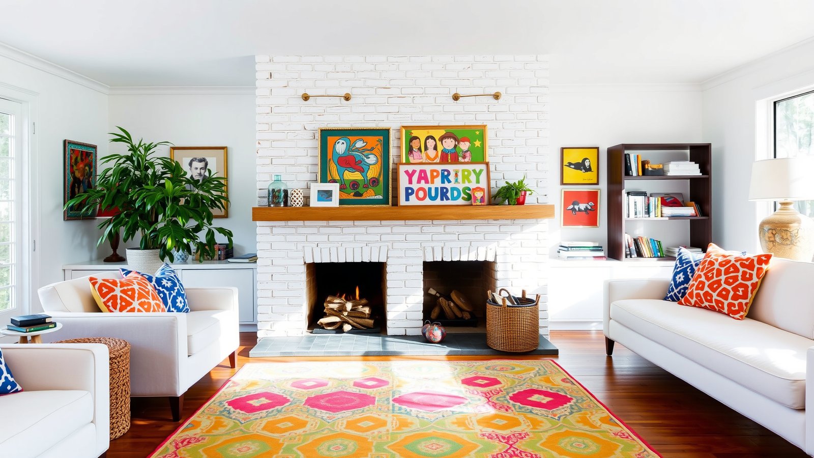 4. White Brick Fireplace with Colorful Accents
