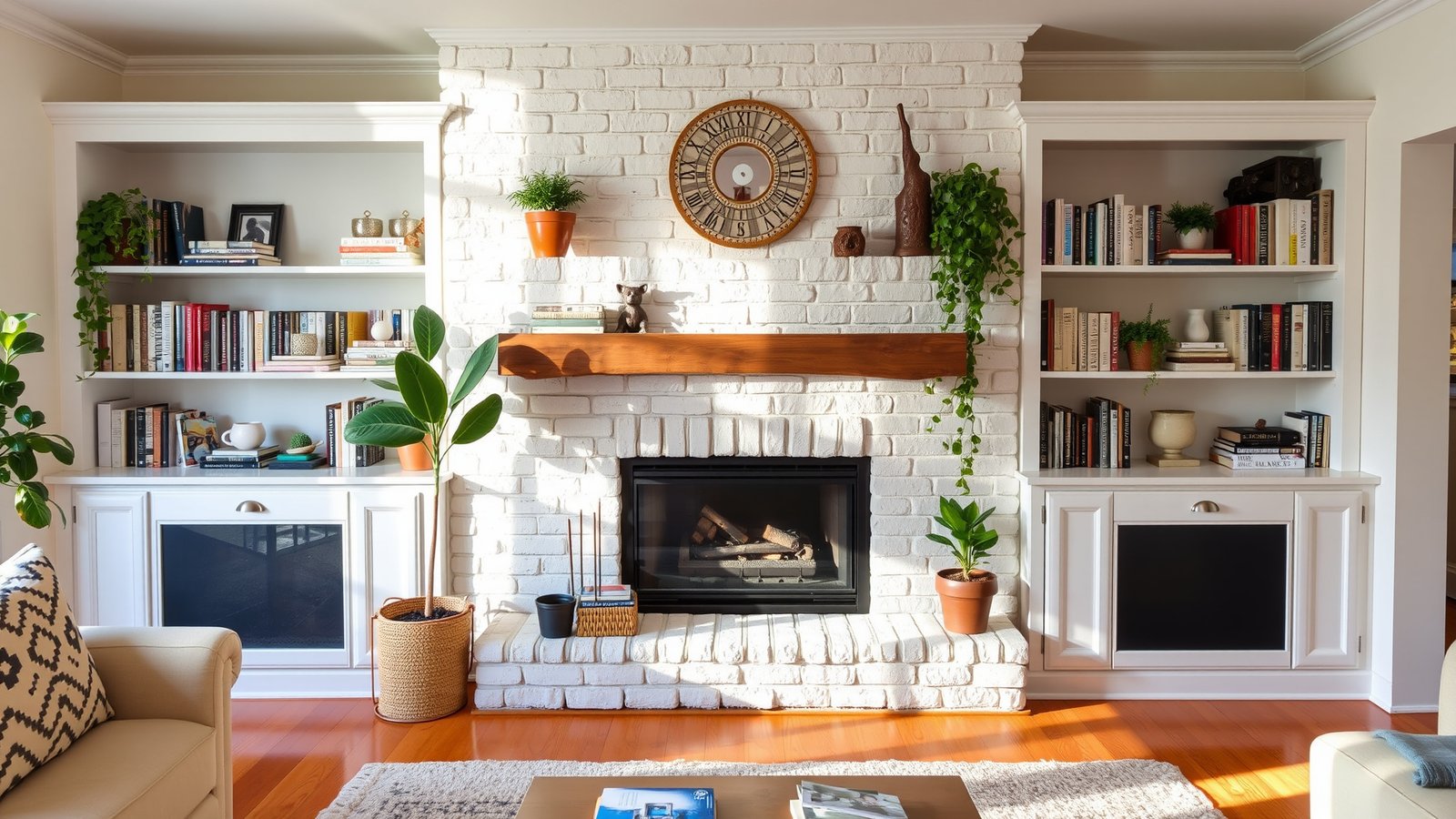 5. White Brick Fireplace with Built-in Shelves