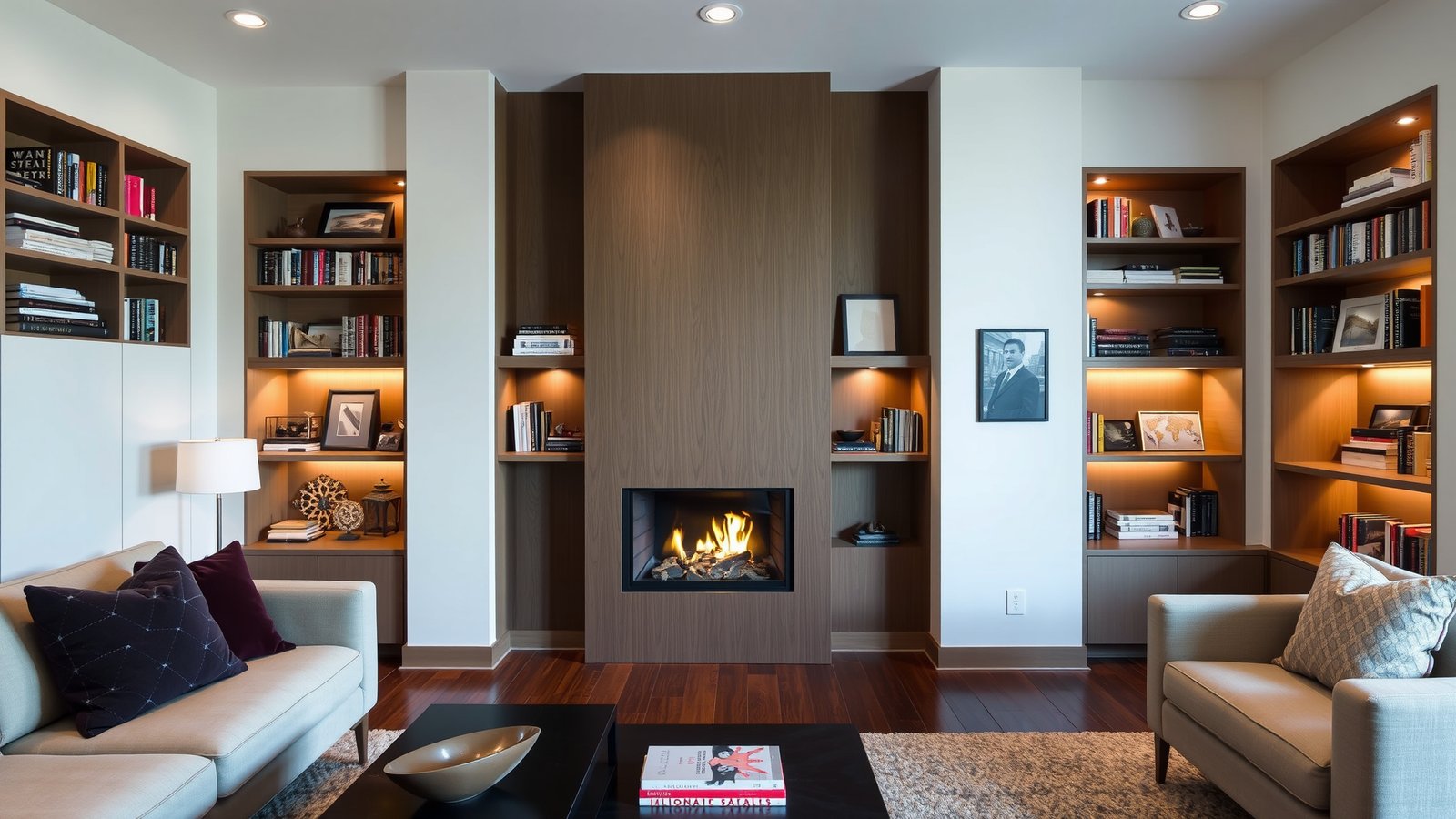 6. Integrated Fireplace with Built-In Shelves
