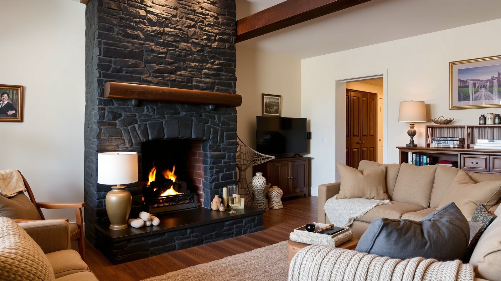 8. Black Stone Fireplace