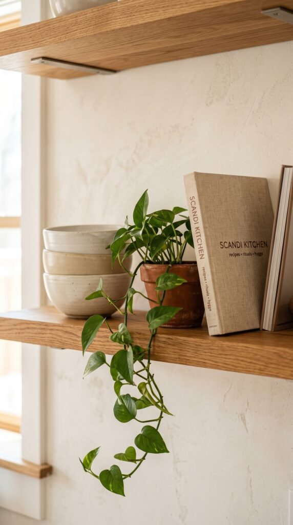 Minimal open kitchen shelf with stacked bowls, a trailing pothos, and one leaned cookbook — simple open shelf decor idea.
