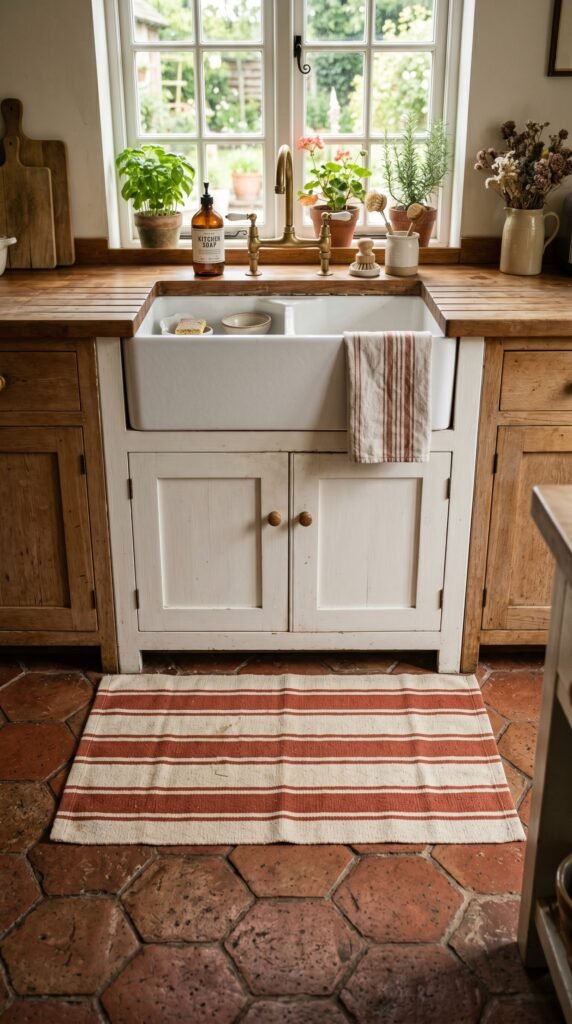 Flat-weave striped cotton rug placed in front of a farmhouse kitchen sink — a simple and affordable kitchen decor idea.