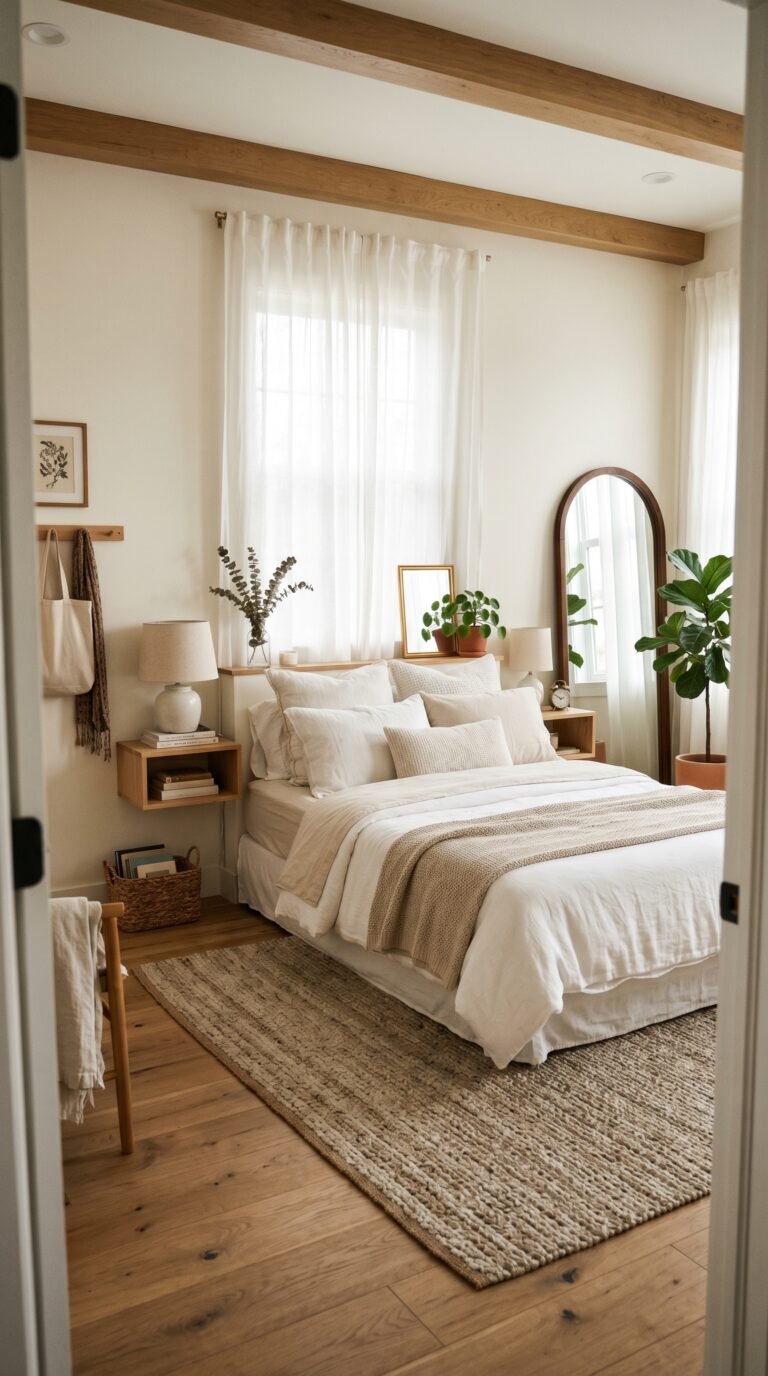 Beautifully styled small bedroom with cream walls, floating nightstand shelves, and sheer white curtains